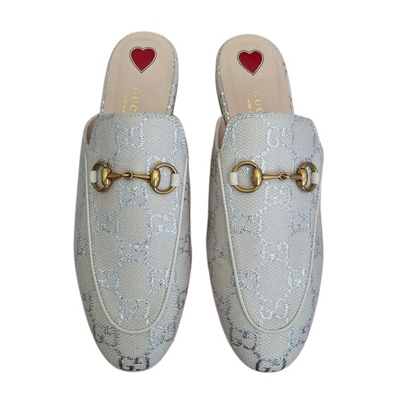Gucci GG Princetown Horsebit Flat Mule Slipper Canvas White Silver Size 37 US 7 - Picture 1 of 12